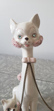Load image into Gallery viewer, Kreiss and Co, 1950s, long neck, long necked cats, cat and kittens, white with pink accents, spaghetti trim, kitsch, kitsch cats, rhinestone eyes, Japanese decor, mid-century