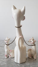 Load image into Gallery viewer, Kreiss and Co, 1950s, long neck, long necked cats, cat and kittens, white with pink accents, spaghetti trim, kitsch, kitsch cats, rhinestone eyes, Japanese decor, mid-century