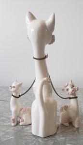 Kreiss and Co, 1950s, long neck, long necked cats, cat and kittens, white with pink accents, spaghetti trim, kitsch, kitsch cats, rhinestone eyes, Japanese decor, mid-century