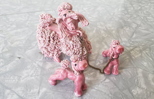 pink poodle family, mother poodle and puppies, spaghetti poodles, mid century poodles, japanese ceramics