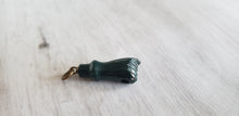 Load image into Gallery viewer, Victorian or Edwardian antique green bloodstone carved fist charm with crystal magnifier inset in clenched hand, Gray Barn Eclectic Finds online vintage store, close up of charm on white wooden background