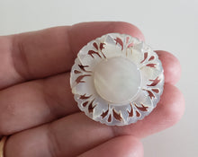 Load image into Gallery viewer, Estate Mother of Pearl MOP carved small sunflower brooch, Gray Barn Eclectic Finds online vintage store, close up of carved detail