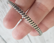 Load image into Gallery viewer, Vintage Sterling Silver 925 boho wide single bangle bracelet, Gray Barn Eclectic Finds online vintage store, held close to camera to show pattern