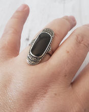 Load image into Gallery viewer, enamel ring, onyx ring, marcasite ring, estate silver, vintage silver, vintage silver ring, statement ring, silver statement ring