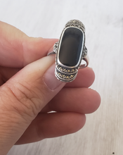 Load image into Gallery viewer, enamel ring, onyx ring, marcasite ring, estate silver, vintage silver, vintage silver ring, statement ring, silver statement ring