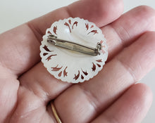 Load image into Gallery viewer, Estate Mother of Pearl MOP carved small sunflower brooch, Gray Barn Eclectic Finds online vintage store, reverse of brooch showing pin back