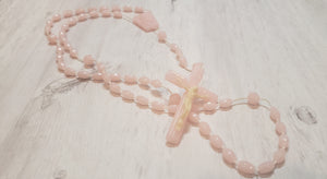 Group of vintage and handmade Catholic Christian rosaries in black, pink multi-colours, crystal, wood, Gray Barn Eclectic Finds online vintage store, pink and white plastic vintage rosary