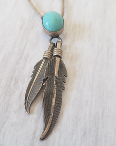 First Nations Southwestern Sterling Silver and Turquoise Feather Necklace