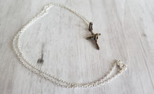Load image into Gallery viewer, Vintage sterling silver 925 rose cross pendant and chain, Gray Barn Eclectic Finds online vintage store, cross with 18&quot; chain on white wood table