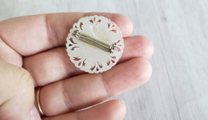 Estate Mother of Pearl MOP carved small sunflower brooch, Gray Barn Eclectic Finds online vintage store, reverse of brooch