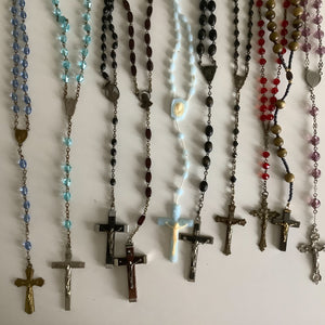 Vintage French rosaries, Gray Barn Eclectic Finds online vintage store, group of nine rosaries and chaplets photographed from overhead