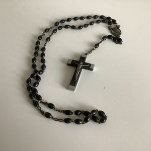 Vintage Catholic rosaries from France, Gray Barn Eclectif Finds online vintage store, Small Black Oblong Bead Rosary with Black Cross