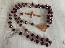 Load image into Gallery viewer, Group of vintage rosaries and chaplets on white wood background, Gray Barn Eclectic Finds online vintage store, amethyst purple faceted beads with copper findings