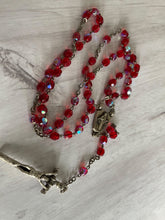 Load image into Gallery viewer, Group of vintage rosaries and chaplets on white wood background, Gray Barn Eclectic Finds online vintage store, candy apple red beads with AB coating and silver findings