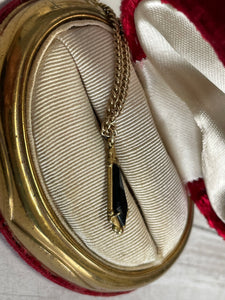 victorian rolled gold and onyx mourning necklace, child size, in antqiue ring box: close up view