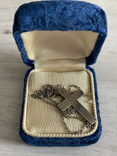 Load image into Gallery viewer, antique silver cross with chain, featuring an embossed flower and leaf design, places in an antique blue velvet ring box