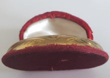 Load image into Gallery viewer, Vintage ring boxes, antique metal ring presentation boxes from the 1930s or 1940s, sold by Gray Barn Eclectic Finds online vintage store, red velvet and gold tone box, open and tilted on its back