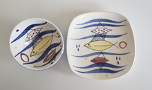 Load image into Gallery viewer, Stavangerflint Norway 1950s 1960s MCM atomic midcentury pottery with red yellow and blue fishes in cobalt blue waves, Gray Barn Eclectic Finds online vintage store, both small plate and bowl together