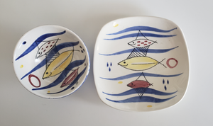 Stavangerflint Norway 1950s 1960s MCM atomic midcentury pottery with red yellow and blue fishes in cobalt blue waves, Gray Barn Eclectic Finds online vintage store, both small plate and bowl together