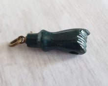 Load image into Gallery viewer, Victorian or Edwardian antique green bloodstone carved fist charm with crystal magnifier inset in clenched hand, Gray Barn Eclectic Finds online vintage store, close up