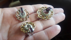 Vintage 1950s midcentury Marcel Boucher brooch and earring set: faux rubies,  clip on rhinestone earrings, vintage costume jewelry