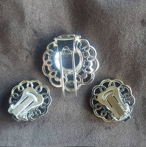 Vintage 1950s midcentury Marcel Boucher brooch and earring set: faux rubies,  clip on rhinestone earrings, vintage costume jewelry