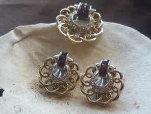 Vintage 1950s midcentury Marcel Boucher brooch and earring set: faux rubies,  clip on rhinestone earrings, vintage costume jewelry