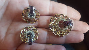 Vintage 1950s midcentury Marcel Boucher brooch and earring set: faux rubies,  clip on rhinestone earrings, vintage costume jewelry