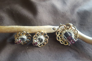 Vintage 1950s midcentury Marcel Boucher brooch and earring set: faux rubies,  clip on rhinestone earrings, vintage costume jewelry