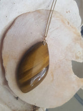 Load image into Gallery viewer, 1980s Tiger Eye Pendant with rolled gold chain -  19&quot; chain, oval, diamond, yellow, caramel, coffee, stripes, smoky, semi precious stone