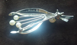 Estate Fine Sterling Silver and White Pearl Modern Brooch - vintage brooch, mikimoto style brooch