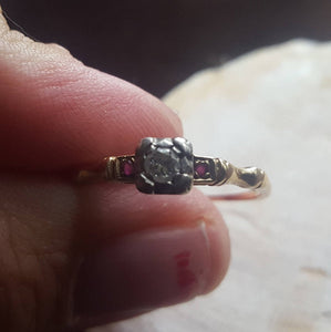 Estate Diamond and Ruby Engagement Wedding Ring - 1920s 1930s, vintage diamond, yellow gold, Rococo