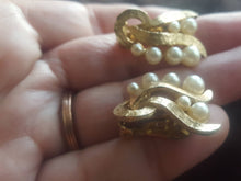 Load image into Gallery viewer, Estate Avon Gold Plate and Pearl 1950s Mid Century Clip On Earrings - Vintage Pearl Clip On Earrings
