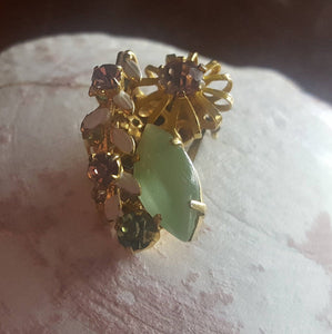 Estate Rhinestone Clip On Earrings - Austrian Crystal, Vintage Rhinestone Earrings, Mint Green, Cognac, Amber, Gold Tone