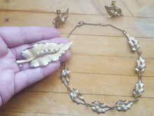 Load image into Gallery viewer, Estate Gilt Sterling Silver Full Parure Jewellery Set, Vintage Pearl Necklace and Earrings, Leaf, Mid Century, 1940s, 1950s
