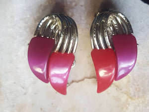 Vintage 1940s 1950s Clip On Earrings - Estate earrings, Red, Magenta, Silver tone, Estate Clip On Earrings