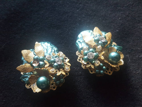 Estate Clip On Rhinestone and Bead Earrings - gold tone, floral, midnight blue, opalescent, rhinestones, vintage jewelry