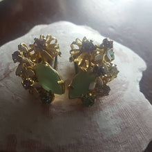 Load image into Gallery viewer, Estate Rhinestone Clip On Earrings - Austrian Crystal, Vintage Rhinestone Earrings, Mint Green, Cognac, Amber, Gold Tone