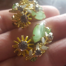 Load image into Gallery viewer, Estate Rhinestone Clip On Earrings - Austrian Crystal, Vintage Rhinestone Earrings, Mint Green, Cognac, Amber, Gold Tone