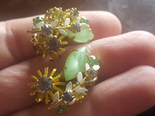 Load image into Gallery viewer, Estate Rhinestone Clip On Earrings - Austrian Crystal, Vintage Rhinestone Earrings, Mint Green, Cognac, Amber, Gold Tone