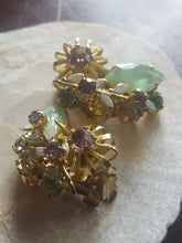 Load image into Gallery viewer, Estate Rhinestone Clip On Earrings - Austrian Crystal, Vintage Rhinestone Earrings, Mint Green, Cognac, Amber, Gold Tone
