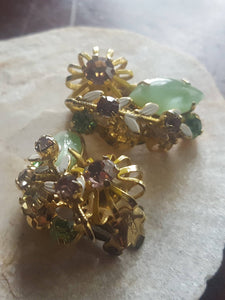 Estate Rhinestone Clip On Earrings - Austrian Crystal, Vintage Rhinestone Earrings, Mint Green, Cognac, Amber, Gold Tone