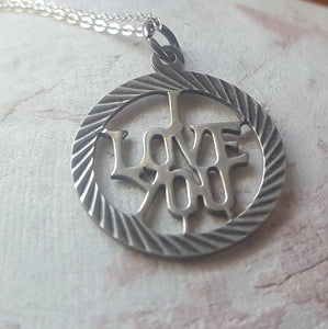 Retro Vintage Sterling Silver I Love You Pendant Necklace - 1970s 1980s, love token, love charm, valentines day