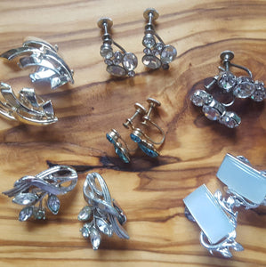 Pick A Pair of Earrings - faux mother of pearl, Coro earrings, clip on earrings, aqua blue crystal, clear crystal, silver tone