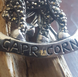 Vintage Sterling Silver Garnet and Marcasite Capricorn Brooch - January birthday, Ram