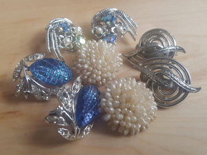 Pick A Pair of Earrings - seed pearl clusters, aqua rhinestone, mid century silver clefs, blue AB rhinestone clip on earrings