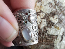Load image into Gallery viewer, Fantastic Handmade Lunar Moon and Moonstone Wide Silver Ring - estate silver jewelry, vintage jewellery, celestial, space, galaxy, full moon