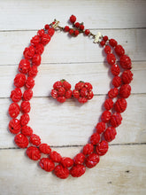 Load image into Gallery viewer, 1960s Estate Poppy Red Beaded Necklace and Clip On Earring Set - strawberry red, AB, estate jewelry, vintage jewellery
