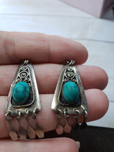 Load image into Gallery viewer, Vintage 1960s 1970s Boho Estate Sterling Silver 925 drop earrings - handmade silver, faux turquoise, screw back, estate 925 jewelry