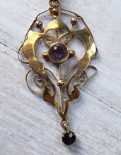 Load image into Gallery viewer, Estate 9 Karat Carat Yellow Gold Amethyst Art Nouveau Lavalier Pendant and Chain, estate gold jewelery, 1920s, 1910s, Edwardian